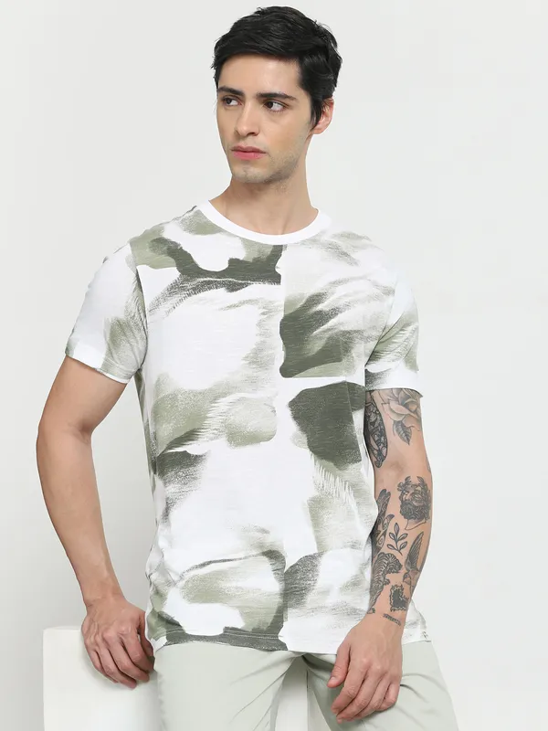 MUFTI green and white printed slim fit mens t-shirt