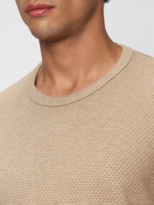 Mufti knitted beige plain t shirt