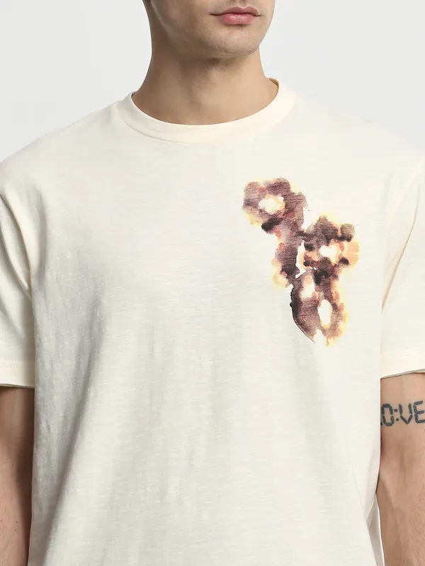 MUFTI light cream printed cotton t-shirt