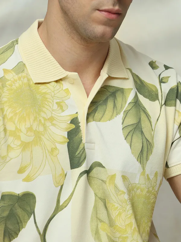 MUFTI lime yellow printed polo slim fit t-shirt