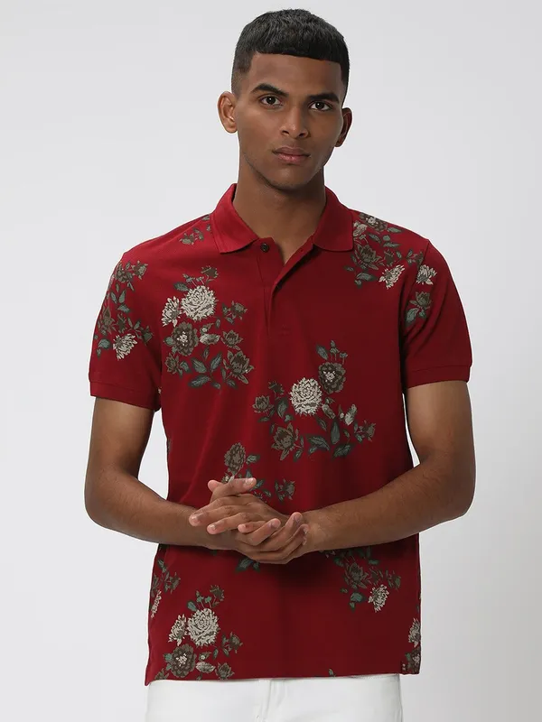 Mufti maroon floral printed t shirt