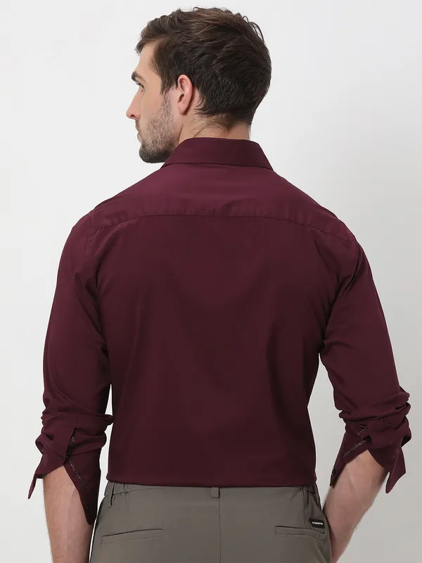 MUFTI maroon plain cotton shirt