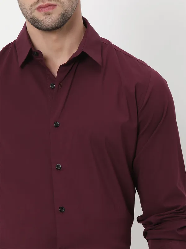 MUFTI maroon plain cotton shirt