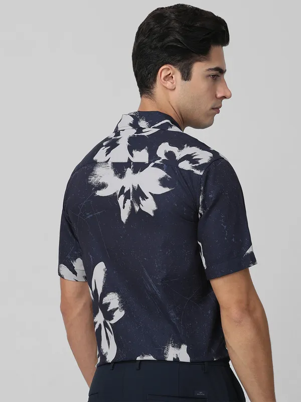 MUFTI navy cotton printed shirt with half sleeves