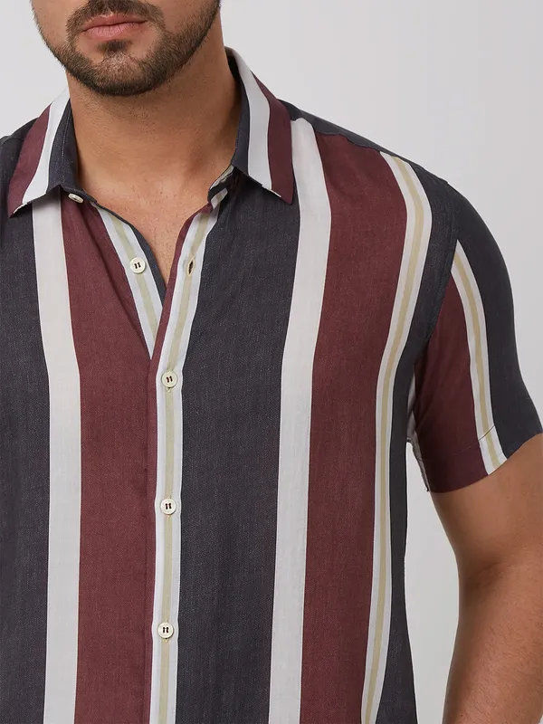 MUFTI navy cotton stripe pattern slim fit shirt