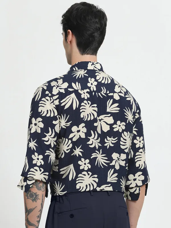 MUFTI navy printed slim fit mens casual shirt