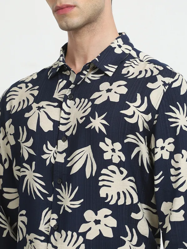 MUFTI navy printed slim fit mens casual shirt
