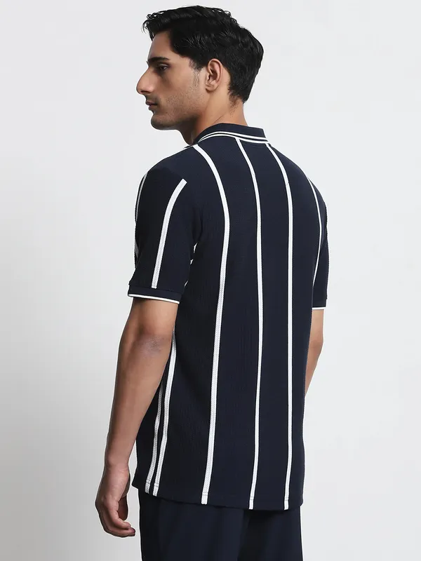 MUFTI navy textured stripe polo t-shirt