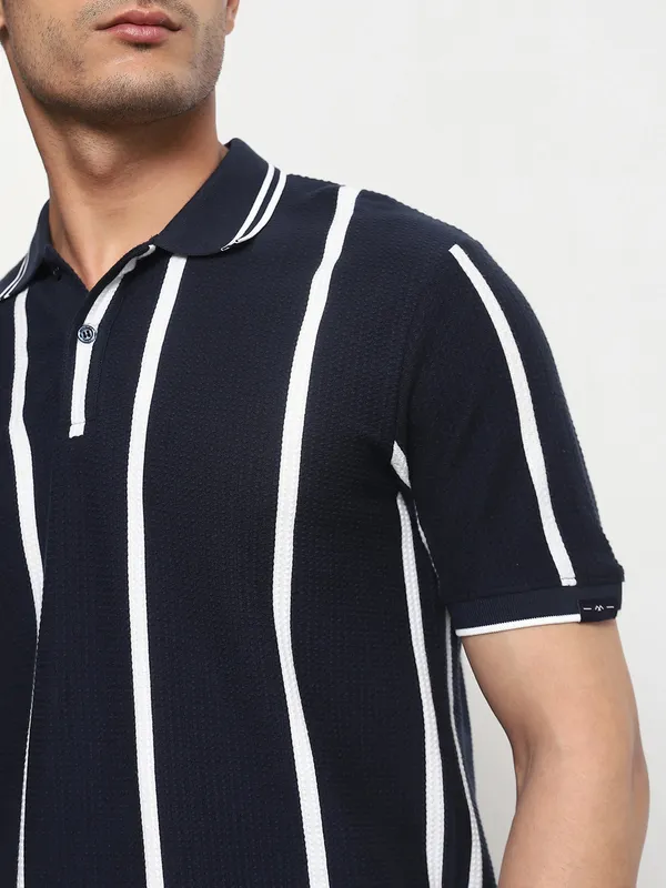 MUFTI navy textured stripe polo t-shirt