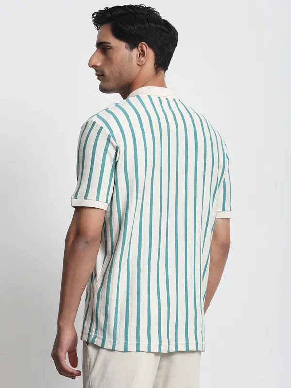MUFTI off white and teal stripe polo t-shirt