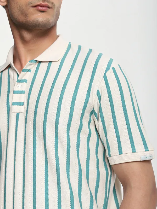 MUFTI off white and teal stripe polo t-shirt