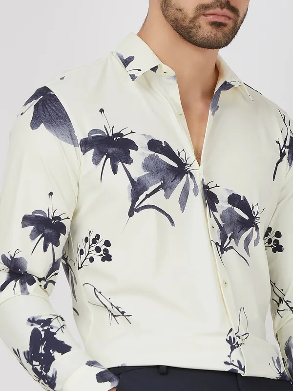 MUFTI off white floral printed cotton shirt