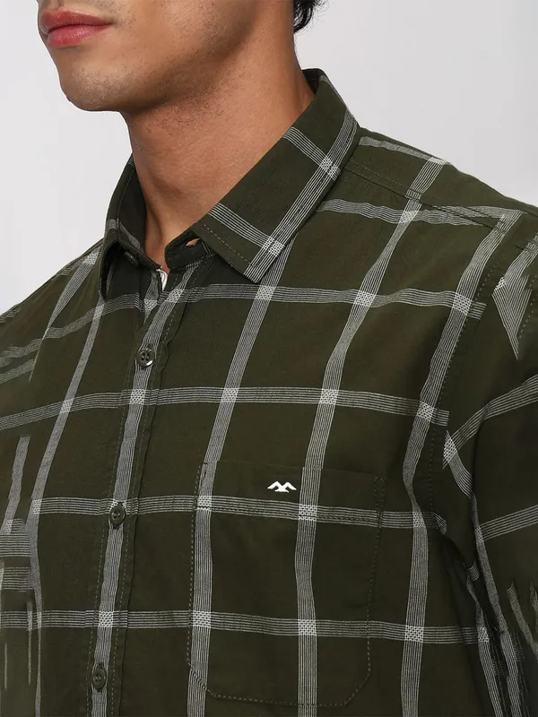 Mufti olive cotton checks casual shirt