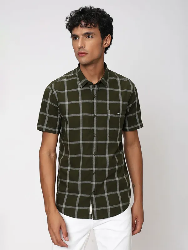 Mufti olive cotton checks casual shirt