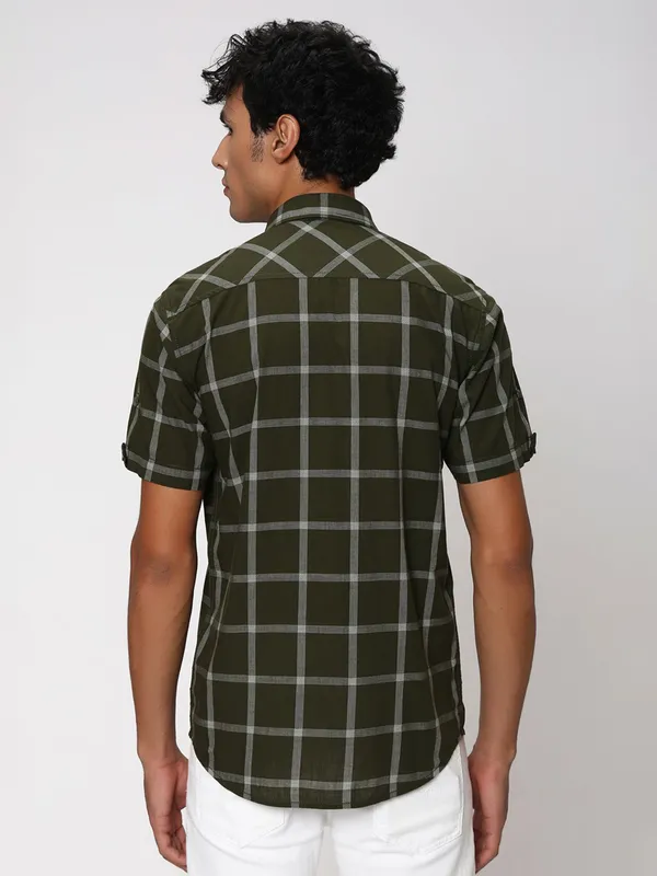 Mufti olive cotton checks casual shirt