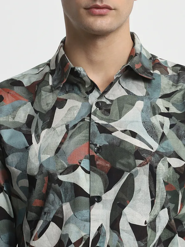 MUFTI olive floral printed casual wear cotton shirt