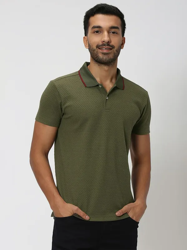 Mufti olive textured polo t shirt