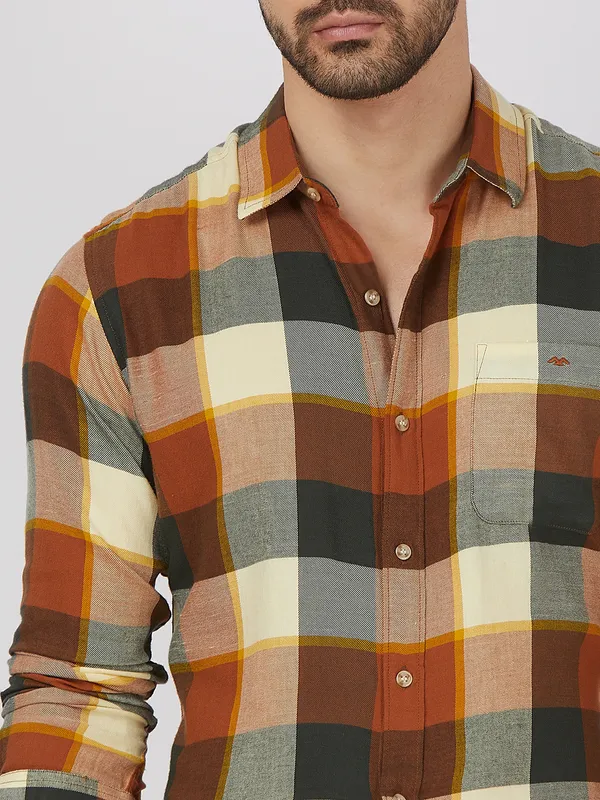 MUFTI orange checkered casual cotton shirt