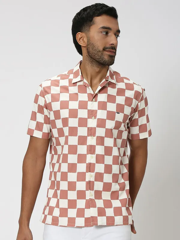 Mufti peach cotton checks shirt