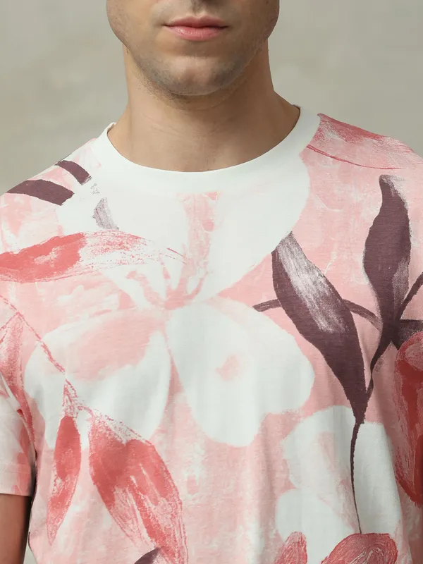 MUFTI pink printed slim fit cotton t-shirt for men