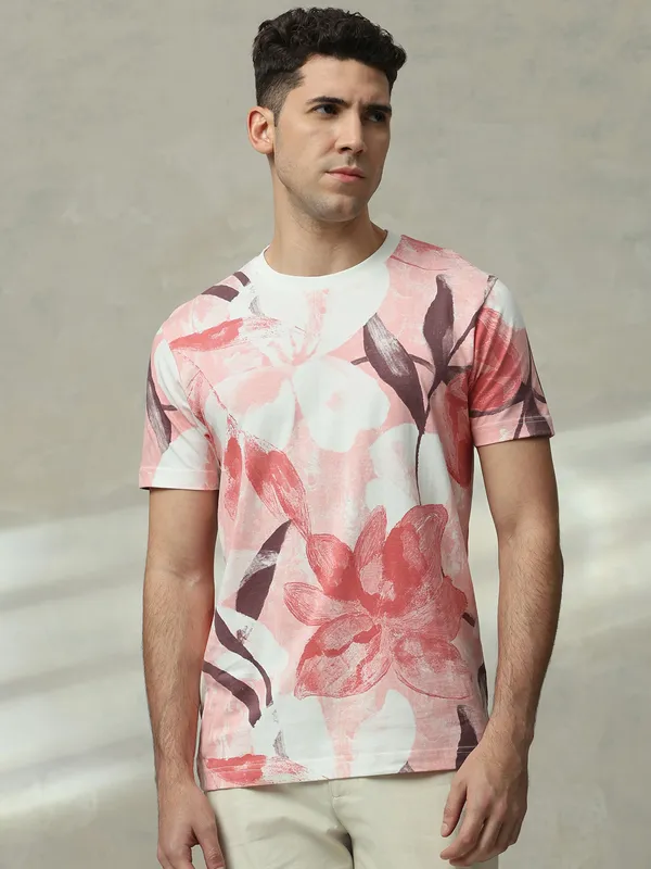 MUFTI pink printed slim fit cotton t-shirt for men