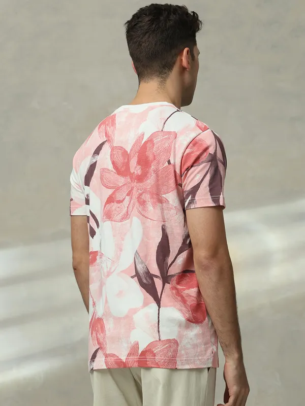 MUFTI pink printed slim fit cotton t-shirt for men