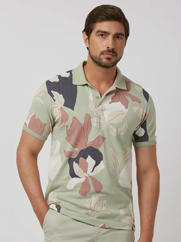 MUFTI pista green floral printed cotton t-shirt