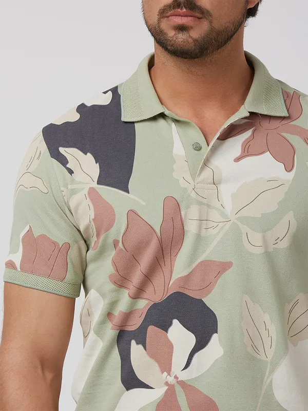 MUFTI pista green floral printed cotton t-shirt