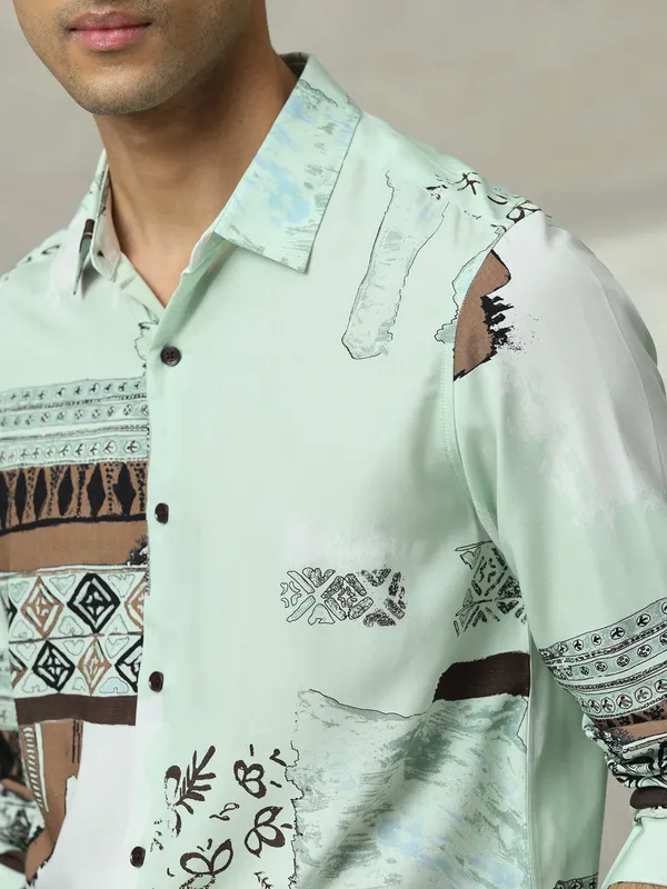 MUFTI pista green printed slim fit casual shirt