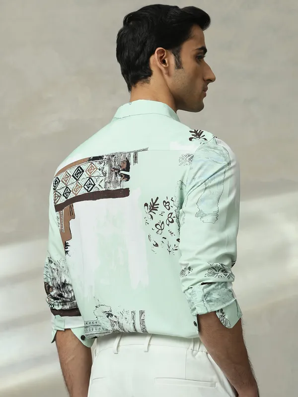 MUFTI pista green printed slim fit casual shirt