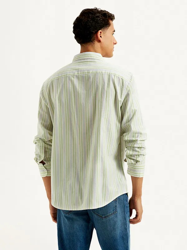 MUFTI pista green slim fit striped casual shirt