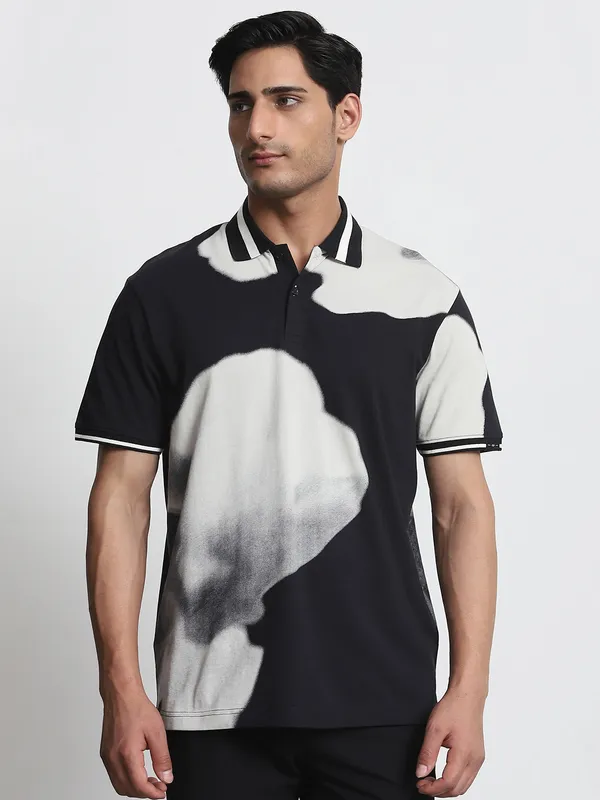MUFTI printed black cotton polo t-shirt