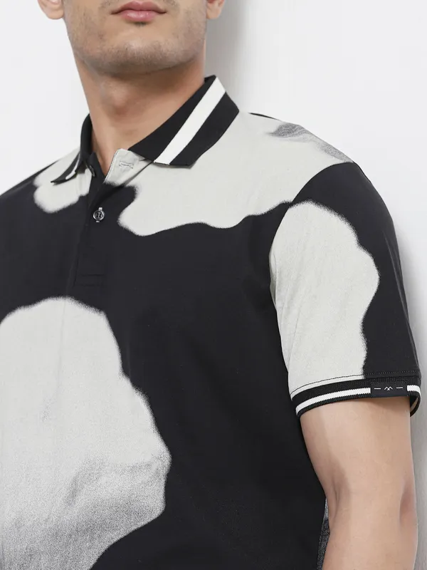 MUFTI printed black cotton polo t-shirt