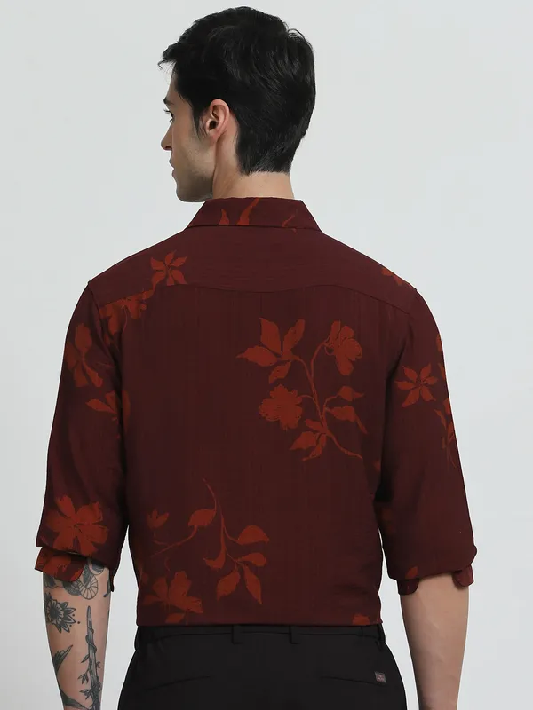 MUFTI printed marron casual wear mens shirt