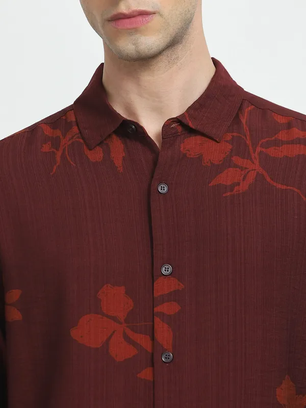MUFTI printed marron casual wear mens shirt
