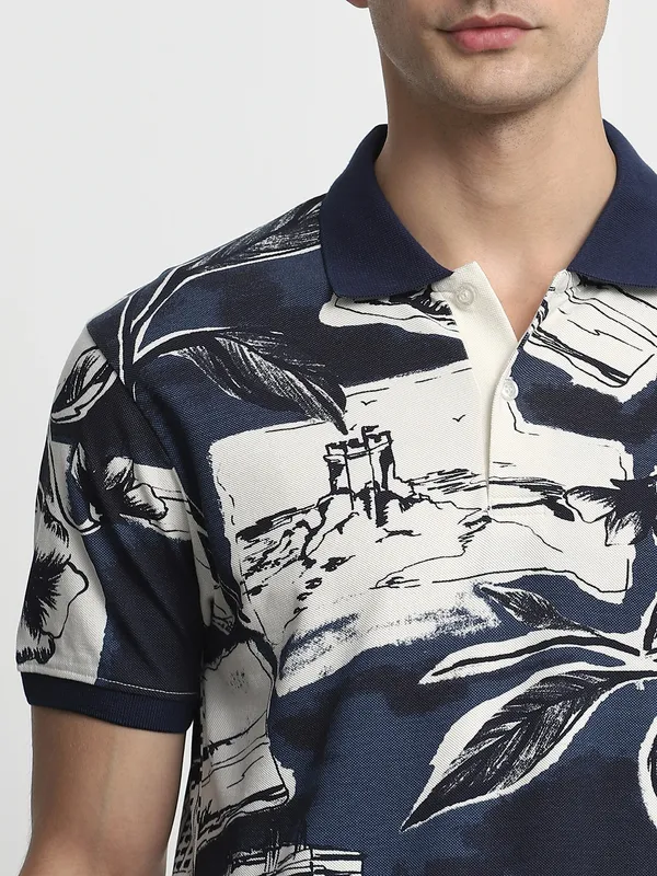 MUFTI printed navy cotton polo t-shirt