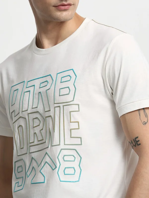MUFTI printed white cotton slim fit t-shirt for men