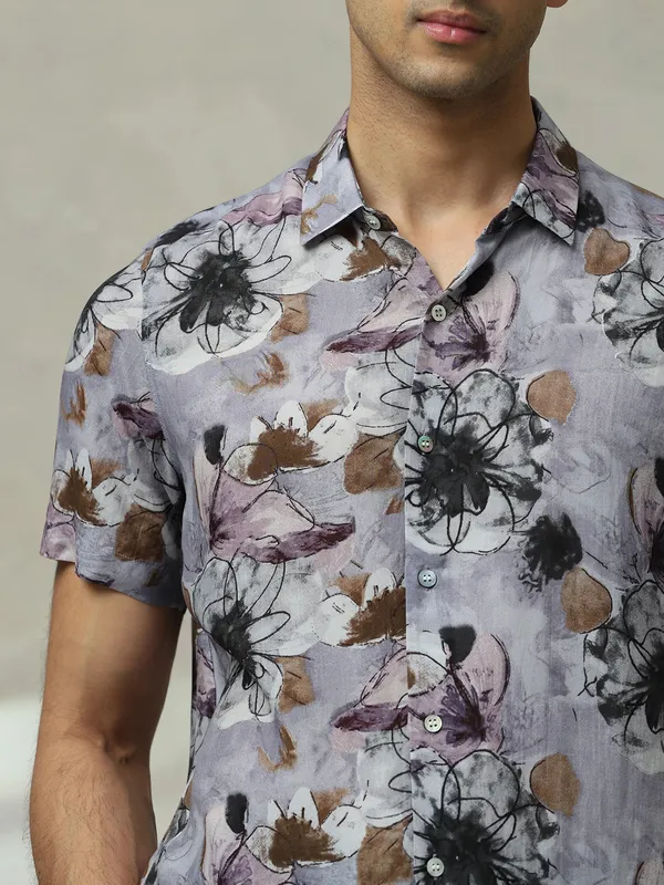 MUFTI purple printed cotton slim fit shirt for men