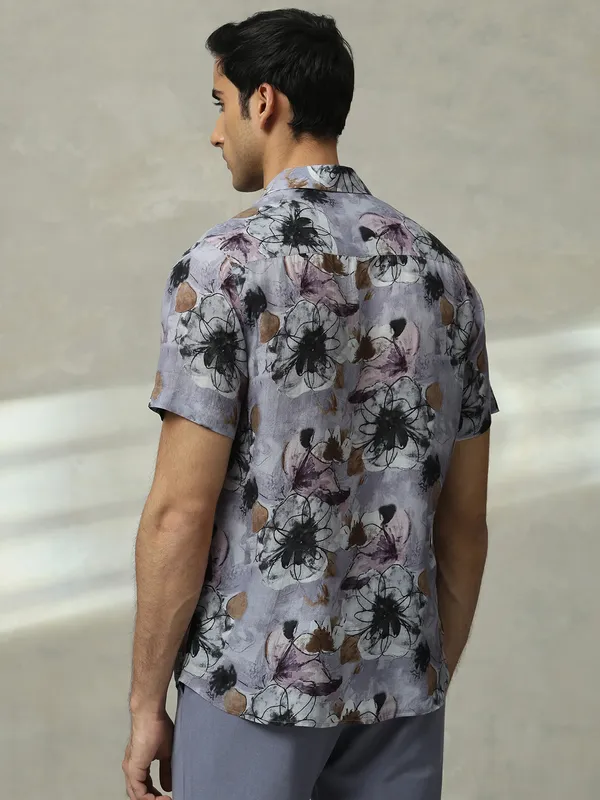 MUFTI purple printed cotton slim fit shirt for men