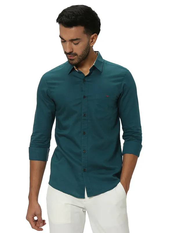 Mufti rama green plain slim fit shirt