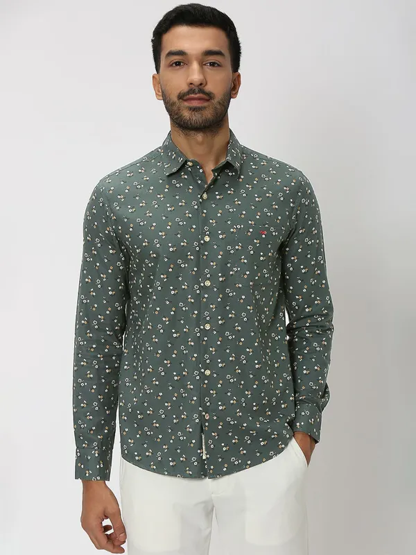 Mufti sage green printed cotton shirt