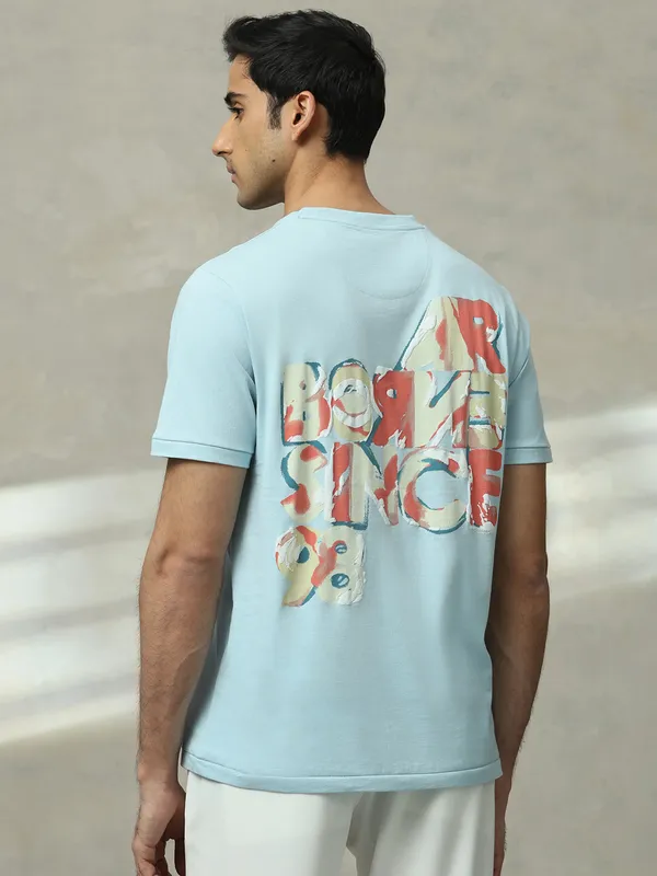 MUFTI sky blue printed cotton slim fit t-shirt