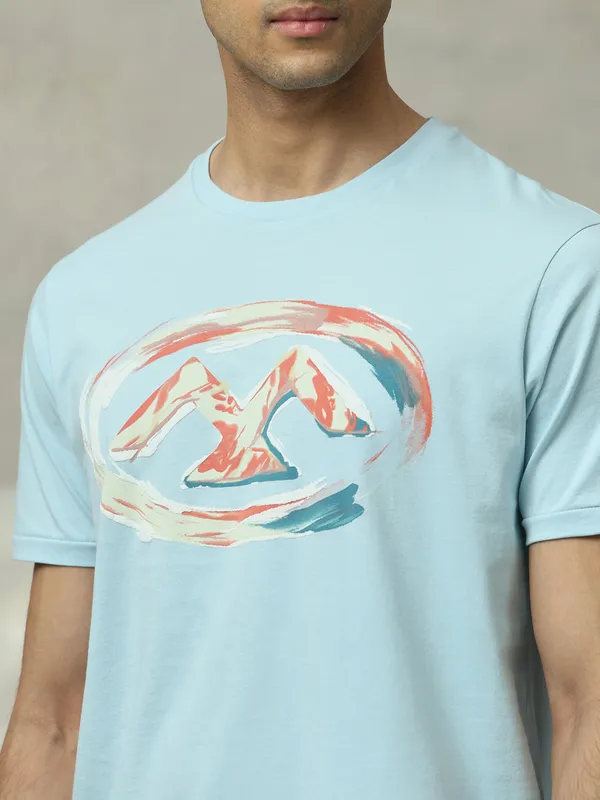 MUFTI sky blue printed cotton slim fit t-shirt