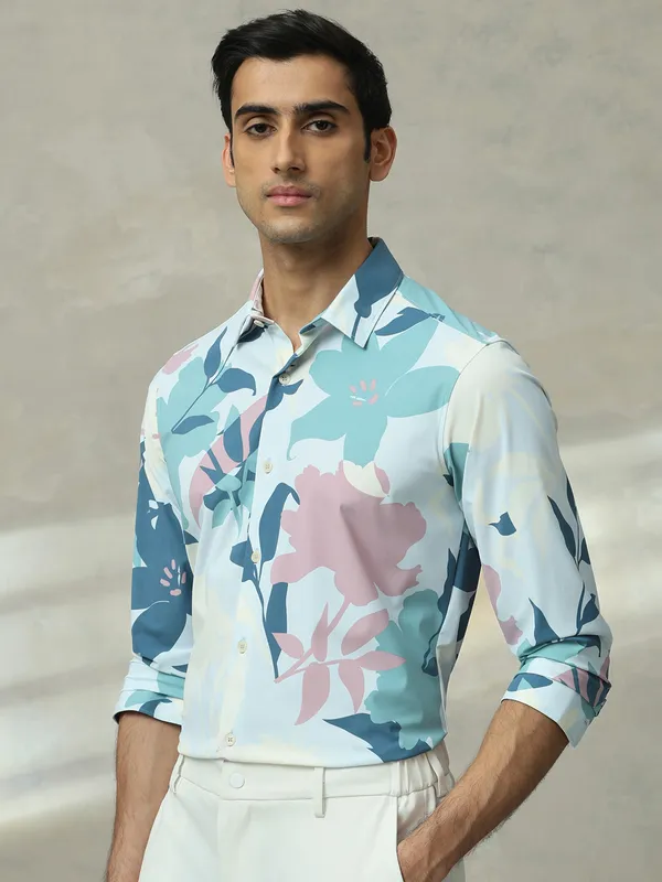 MUFTI sky blue printed slim fit casual shirt