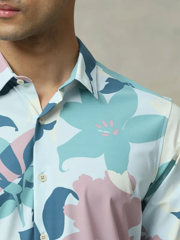 MUFTI sky blue printed slim fit casual shirt