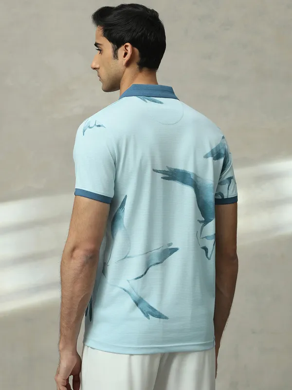 MUFTI sky blue printed slim fit polo t-shirt