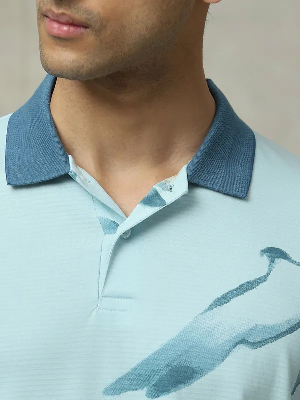 MUFTI sky blue printed slim fit polo t-shirt
