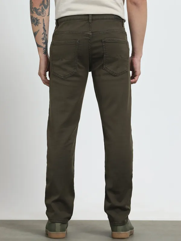 MUFTI solid dark olive regular fit mens denim