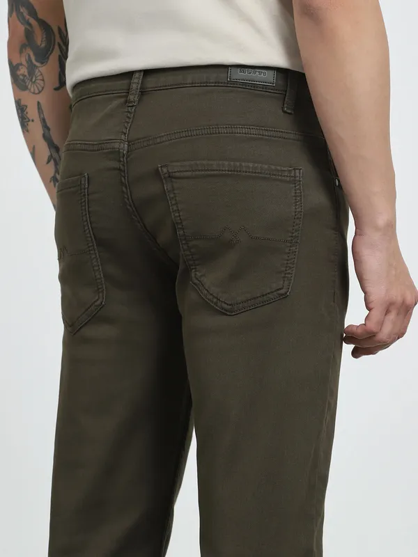 MUFTI solid dark olive regular fit mens denim