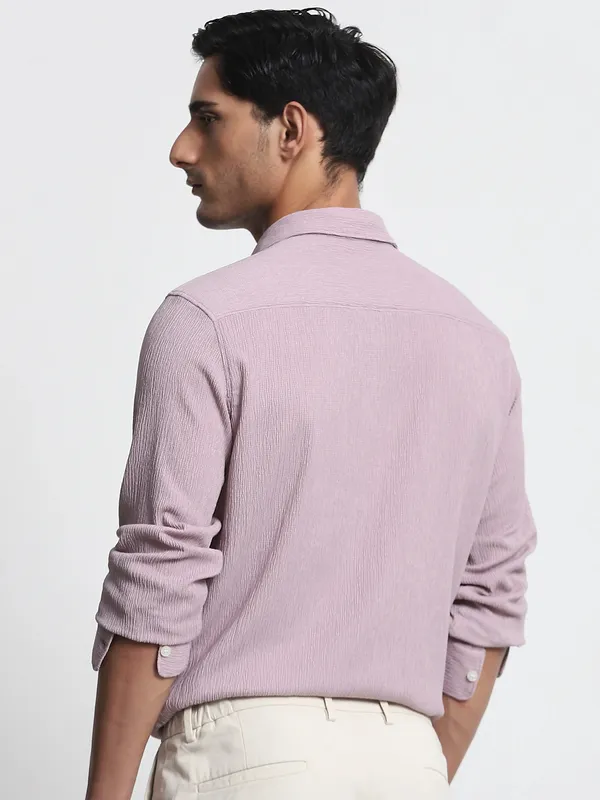 MUFTI solid textured lilac purple slim fit casual wear shirt